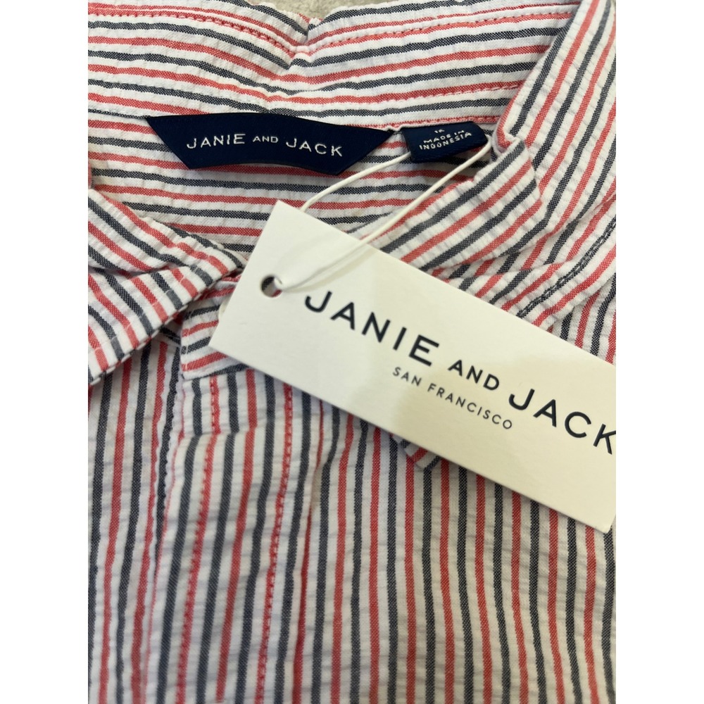 Janie and Jack Kids Boys Seersucker Striped Button Down Size 16 Red Navy White